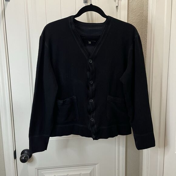 7 For All Mankind Black Ribbed Button Up Crop Cardigan Sweater Mens Size M - Picture 1 of 9